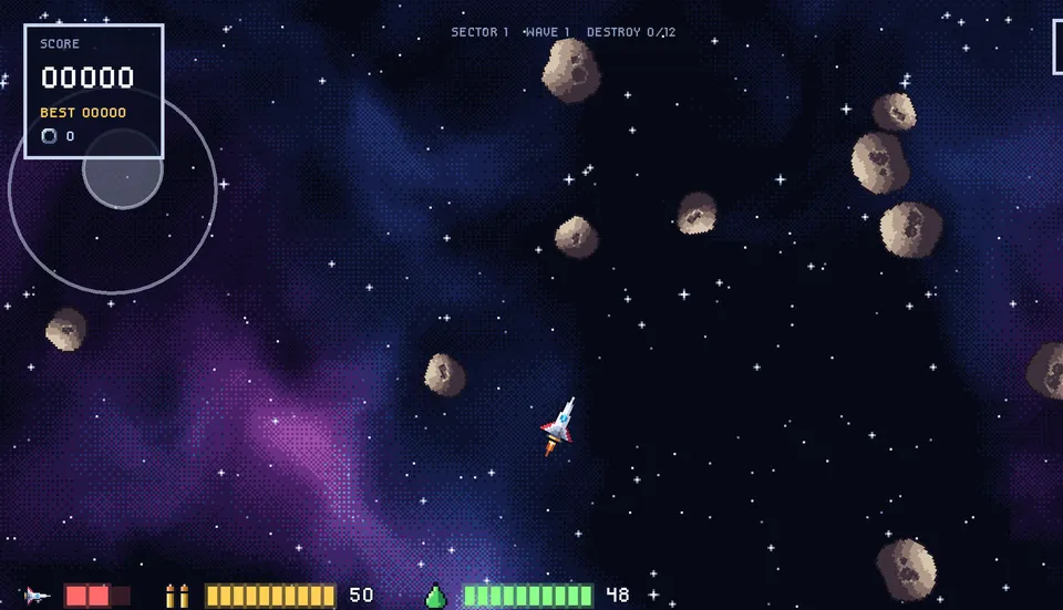 Run From Asteroids gameplay: a ship among asteroids